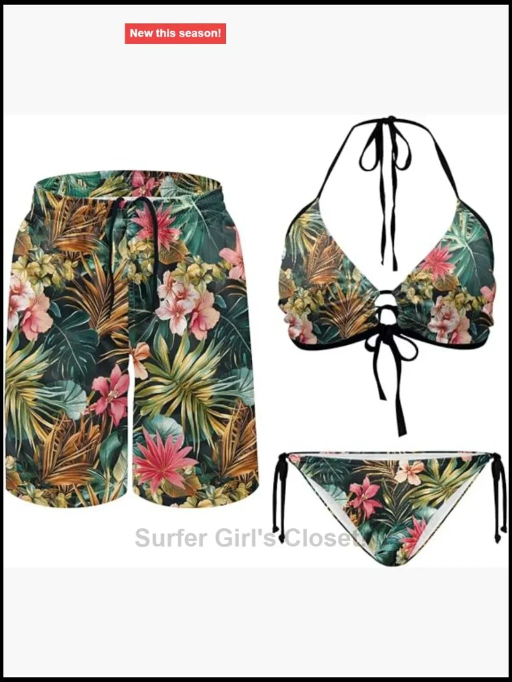 Tropical Matching Couples Bikini Set with Men's Swim Trunk Quick Dry